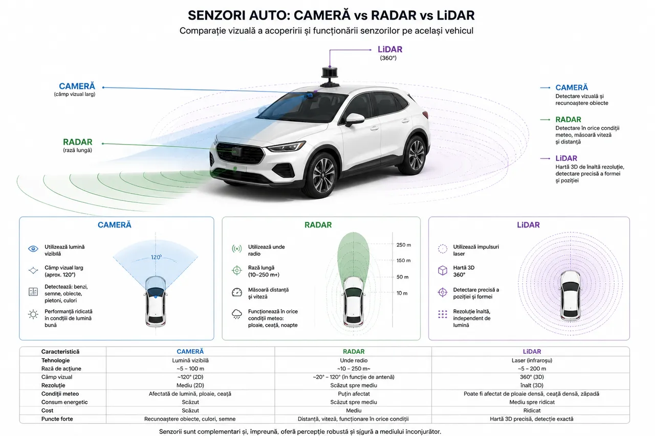 comparație senzori auto cameră radar LiDAR