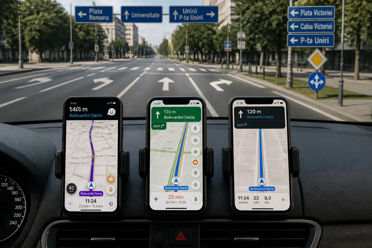 comparație aplicații navigație Waze Google Maps Apple Maps