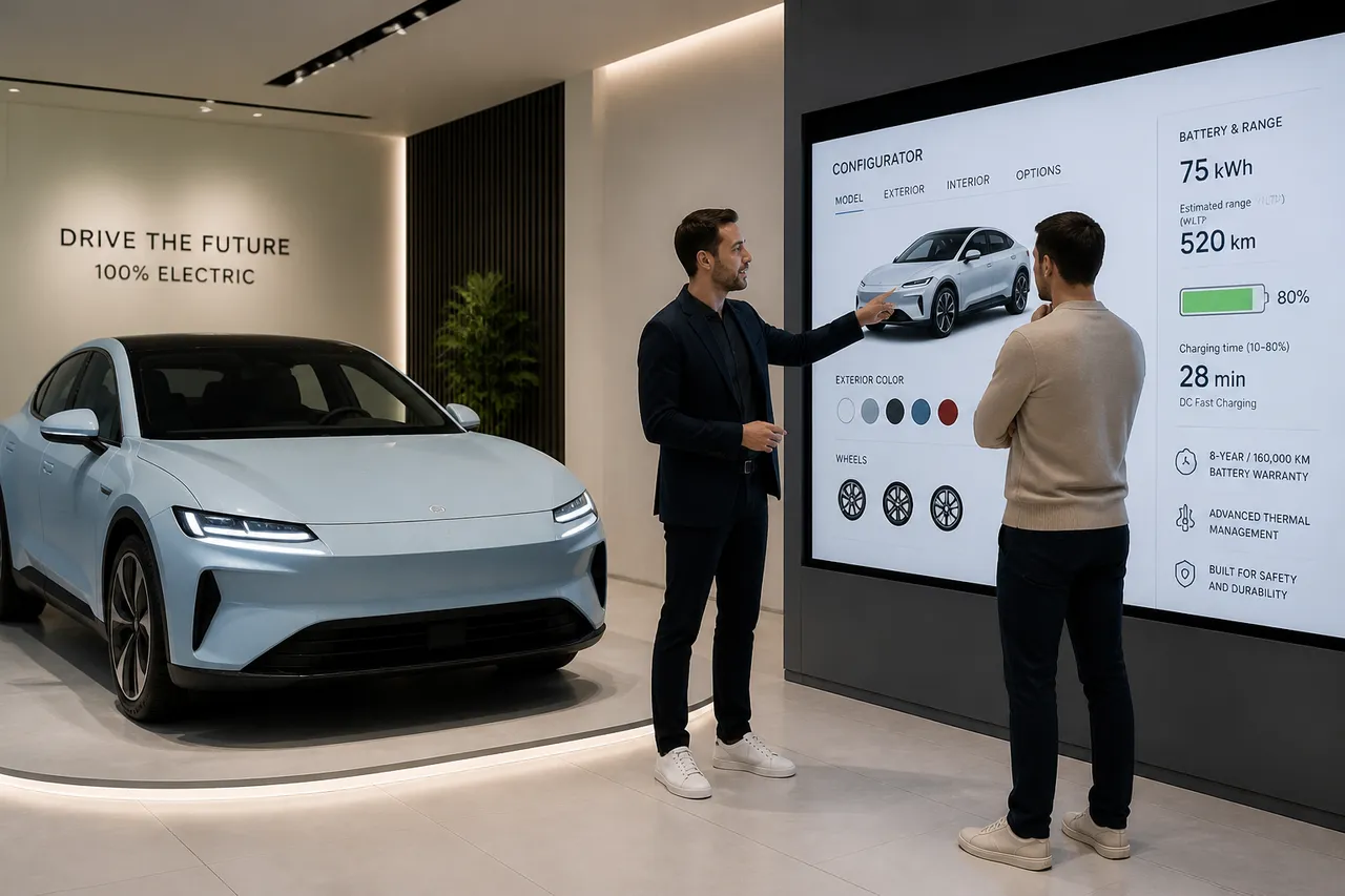 mașină electrică cu baterie solid-state în showroom