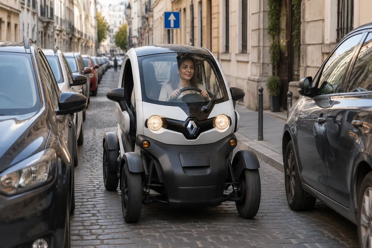 automobil electric urban cu două locuri pe stradă îngustă