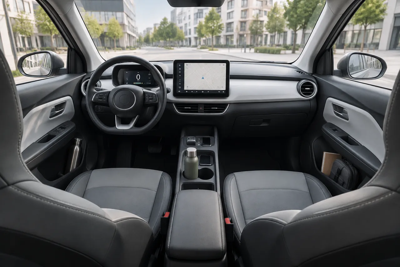 interior automobil electric cu două locuri și consolă centrală