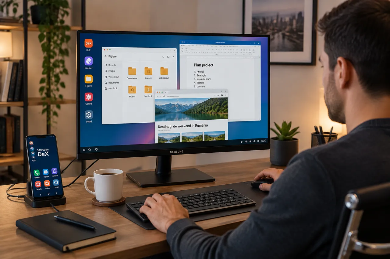 Samsung DeX pe monitor cu tastatură și mouse